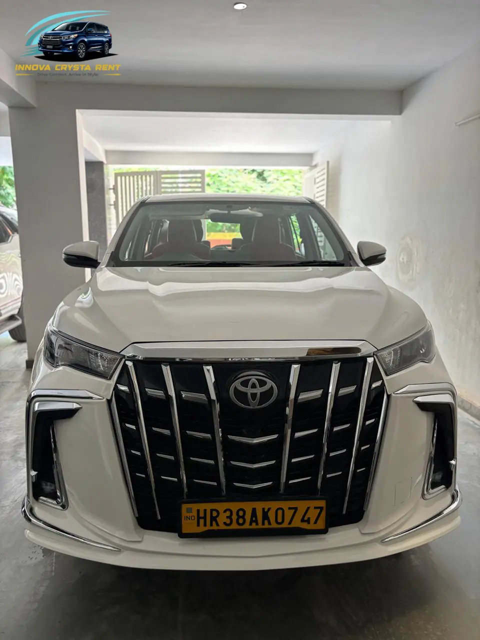Premium Toyota Innova Crysta front exterior available for cab rental in Delhi